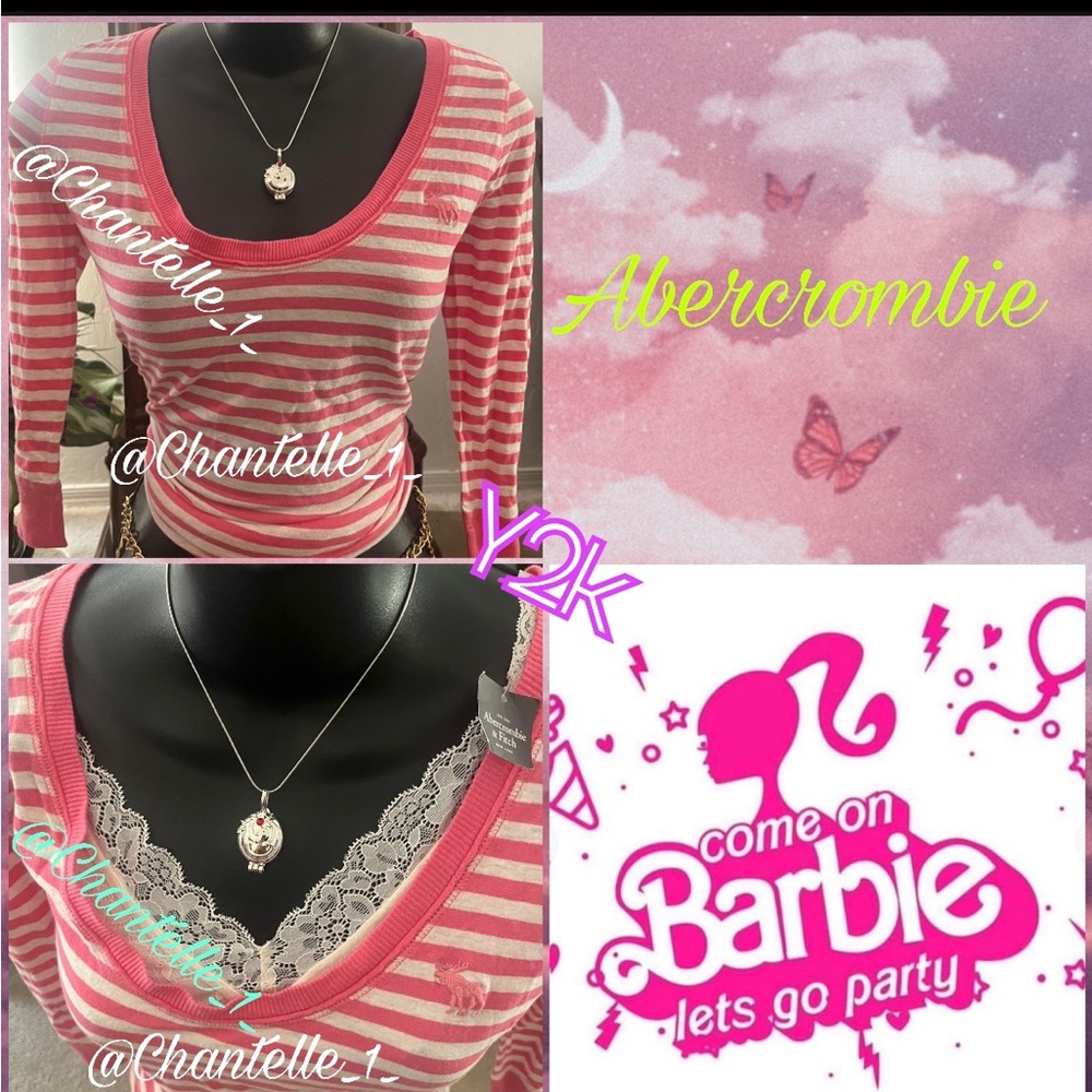 NWT Y2k Gorgeous Abercrombie scoop neckline top 3/4 sleeves striped Barbie Pink